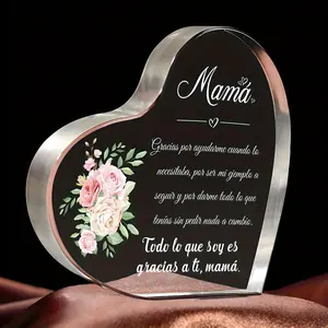Heart Shaped Acrylic Ornament, Flower Pattern Clear Acrylic Plaque, Creative Desktop Decoration for Home Office, Gift for Mom, Daughter, Son, Signs, Gifts For Women, Acrylic Material, Flower Design