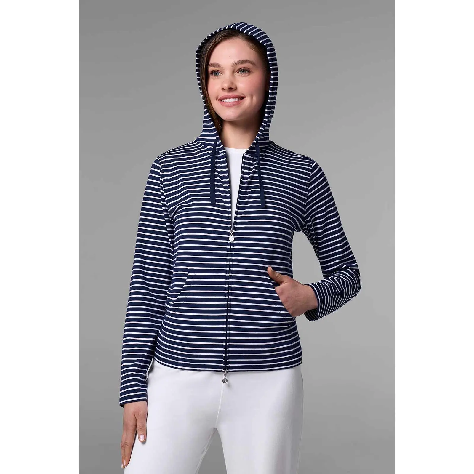 Seaside | Women's Zip-Up Hoodie | Navy/White Stripe
