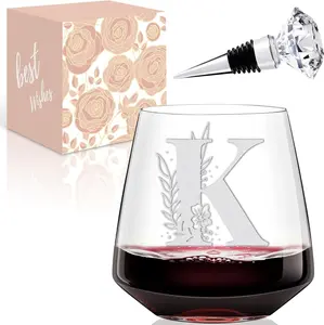 Physkoa Initial Wine Glass Stemless - Etched Dishwasher Safe, Monogrammed Wine Glasses for Women, Personalized Birthday Gifts - Drinkware
