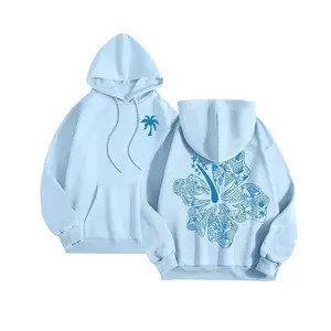 Hawaii Hibiscus Graphic Hoodie, Palm Puff Pullover Sweatshirt for Teen Girls & Women, Oversized Long Sleeve, Trendy Streetwear Hoodie, Oversized Pullover for Everyday Outfit