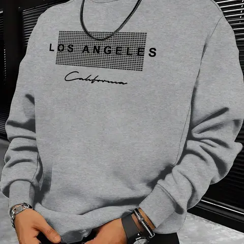 Men's Letter Print Round Neck Sweatshirt, Regular Fit Casual Long Sleeve Crew Neck Pullover for Fall & Winter, Men's Clothes for Daily Wear Tops
