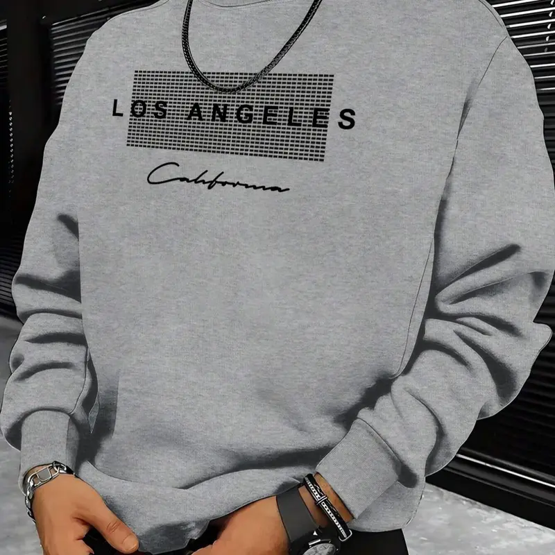 Men's Letter Print Round Neck Sweatshirt, Regular Fit Casual Long Sleeve Crew Neck Pullover for Fall & Winter, Men's Clothes for Daily Wear Tops