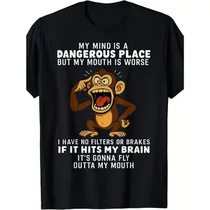 Humorous Monkey Design T-Shirt for Men,100%, Featuring The Slogan 'My Mind Is A Dangerous Place'. Ideal for Casual Gatherings, Including 4Th of July Celebrations. Made From Soft, Breathable Fabric with Medium Stretch and A Round Neck