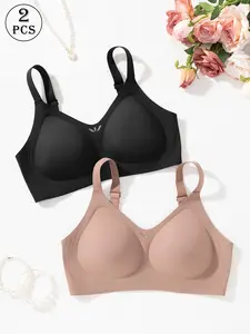 2 Counts No Underwire Seamless Bras, Adjustable Wide Strap Support Lingerie, Soft Lightweight Bra for All-Day Wear, Black & Brown Color Set