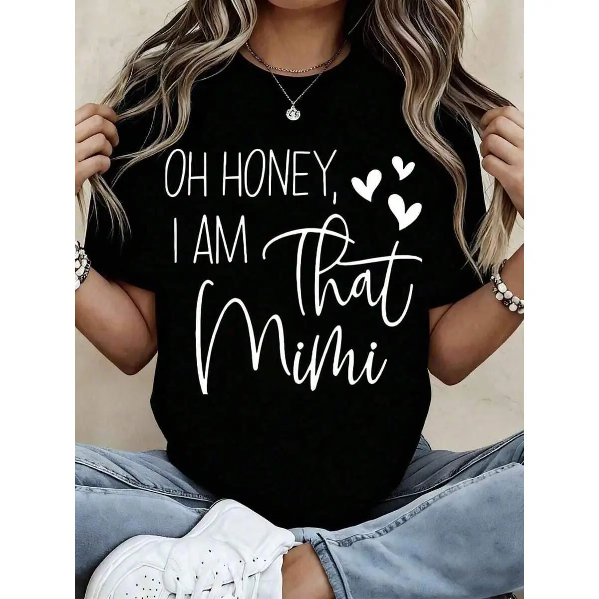 Women's "Oh Honey I Am That Mimi" Graphic T-Shirt, Casual Oversized Fit Round Neck Top for Grandma, 100% Cotton Short Sleeve Style