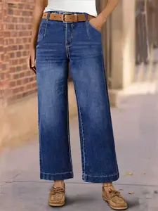 1 Pair Spring Summer High Waisted Cropped Wide Leg Jeans Pants for Women, Pleated Front Dark Wash Denim Culottes, Stretchy Relaxed Fit Casual Office Daily City Walk Streetwear, Trendy Old Money Coastal Granddaughter Aesthetic
