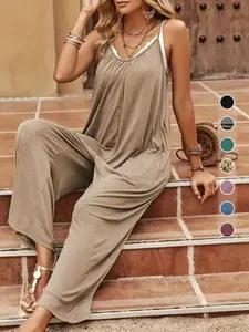 Women's Plain Ruched Pocket Backless Baggy Cami Jumpsuit, Casual Adjustable Strap Wide Leg Jumpsuit Overalls for Daily Wear, Ladies Clothes for All Seasons