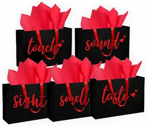 5 Senses Gift Bags Five Senses Gift Bags with Tissue Paper Kraft Paper Bag with Ribbon Handles for Anniversary, Valentine's Day, Birthday for Him Husband Boyfriend (Red black)