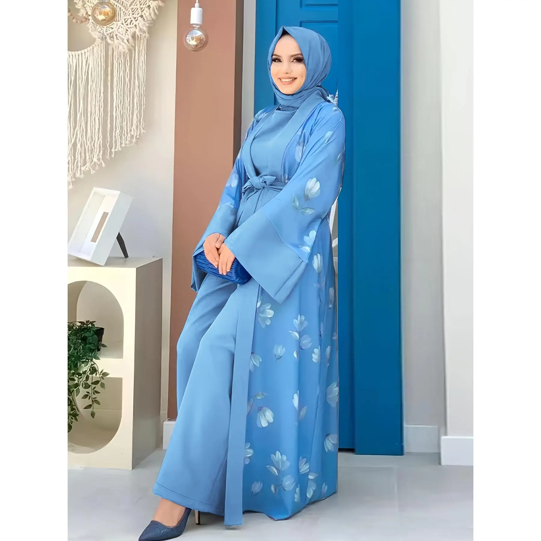 Ramadan Ethnic Modest Dress Set Without Hijab, Floral Print Long Length Open Front Modest Dress & Sleeveless Wide Leg Jumpsuit, Women's Clothing