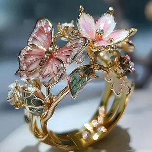 Delicate Shiny Drop Oil Butterfly Flower Ladies' Open Pink Ring - Dainty & Stylish #PinkRingTrend #ButterflyJewelry #DropOilDesign #DaintyAccessories