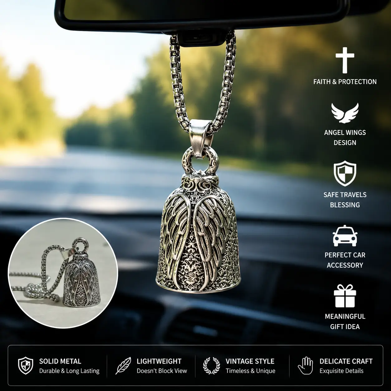 Dingya Vintage Angel Wings Guardian Bell Car Mirror Hanging Ornament, Gothic Embossed Motorcycle Lucky Riding Bell, Stainless Steel Biker Vehicle Charm, Cool Retro Auto Interior Pendant Keychain GiftRetro Biker