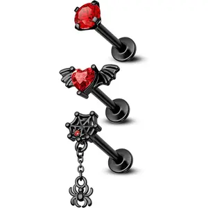 3Pcs Black Red Halloween Cartilage Stud Earrings Flat Back 16g Dangling Spider Web Helix Cartilage Piercing Jewelry Internally Threaded 16g 8mm Stainless Steel Ear Stud