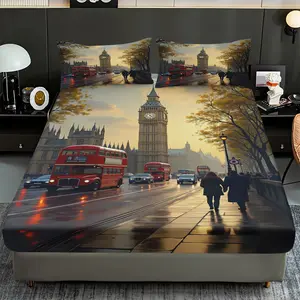 2/3 Pcs London Twilight Street Background Series Fitted Sheet Set, Suitable for Bedrooms, Hotels, Dormitories, Etc., Machine Washable (1 Fitted Sheet+ 1/2 Pillowcases, No Core)