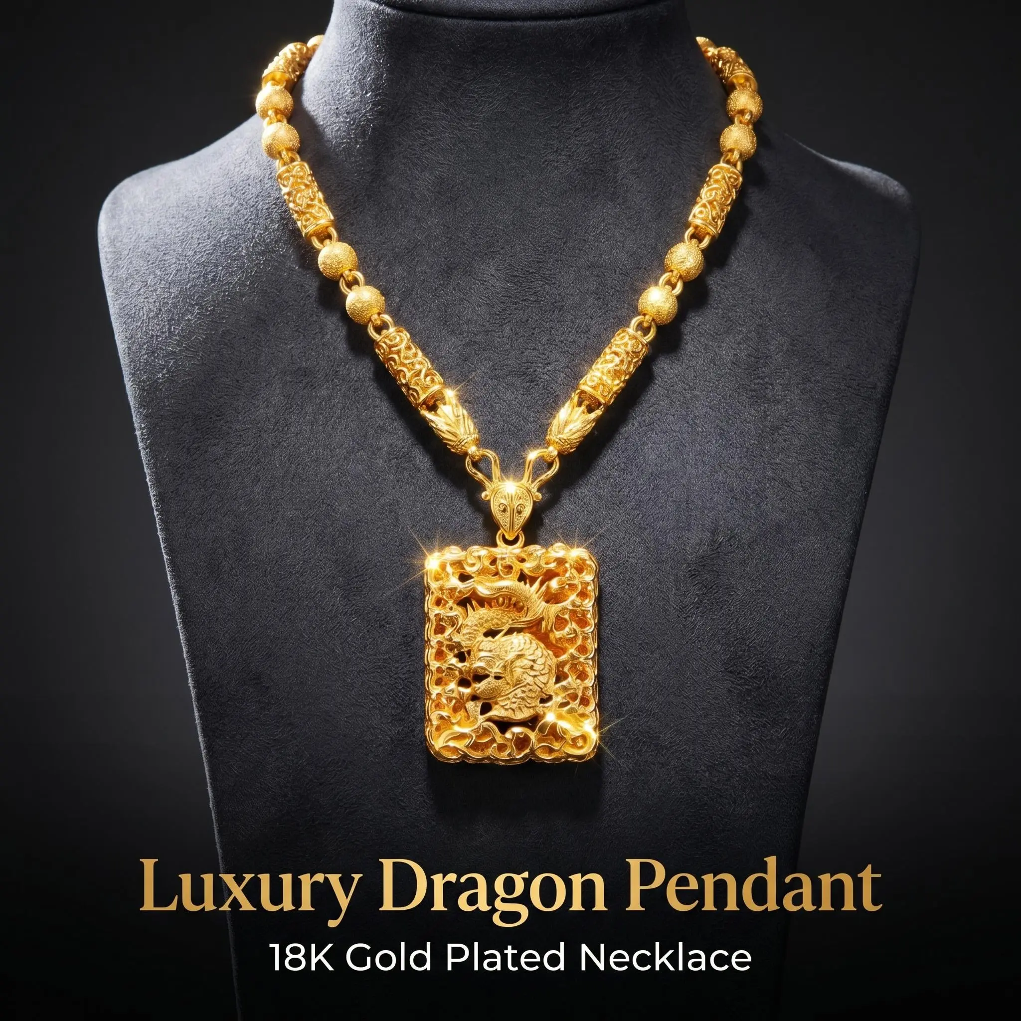 Men's 18 Gold-Plated 3D Carved Dragon Totem Chunky Pendant Necklace, 60cm Beaded Chain, Chinese Feng Shui Auspicious Charm, Religious Protective Jade Ornament, Modern Fashion Ethnic Jewelry, Adults' Daily Wear Gift, Hollow Filigree