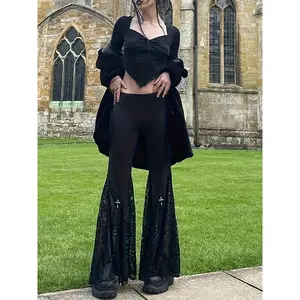 For Spring & Summer, Women's Contrast Lace Flare Leg Pants, Goth Forbidden