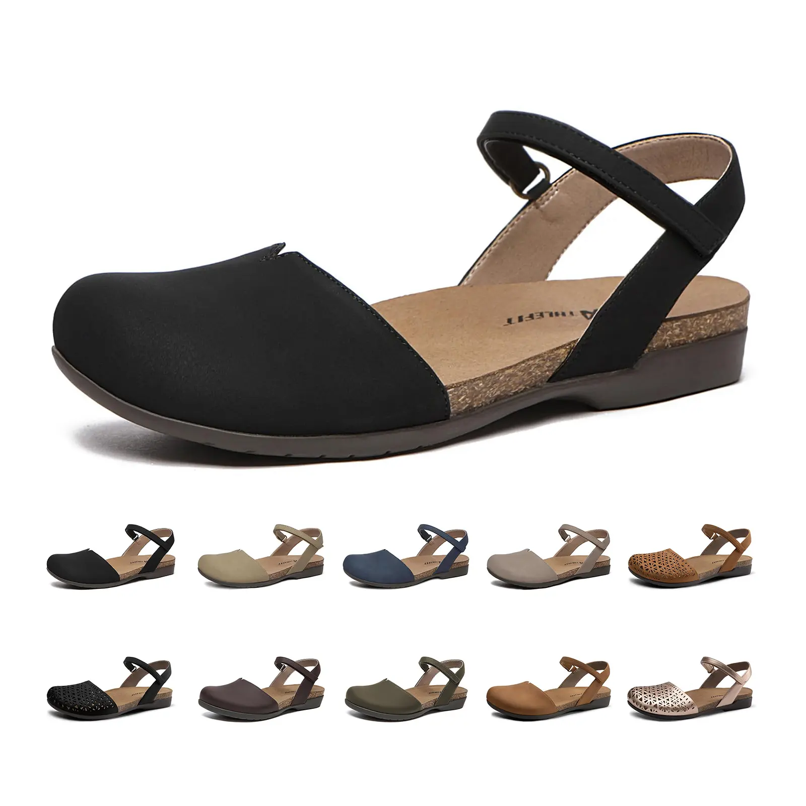 Athlefit Women's Closed Toe Sandals Comfort Cork Footbed Arch Support Flat Sandals Footwear Walking Shoes Black Summer