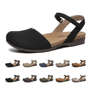 Athlefit Women's Closed Toe Sandals Comfort Cork Footbed Arch Support Flat Sandals Footwear Walking Shoes Black Summer