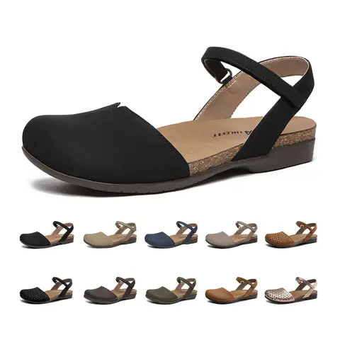 Athlefit Women's Closed-Toe Casual Sandals - Breathable Smooth Leather, Comfort Cork Footbed, Arch Support, Adjustable Strap, Black Daily Fashion Footwear for Summer Walking, Gardening