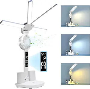 Desk Lamp with Fan Table Lamp for Dorm with USB Charging Port 3 Modes Dimming Foldable Quad Bedside Lamp with Clock Date Storage Temperature