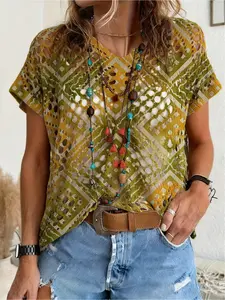 Spring/Summer V-neck diamond hollow loose batwing short sleeve cover-up, contrast argyle print women's knitted top, vacation style, casual for commute, bikini cover-up, Swimsuit cover ups, Beach Coverups
