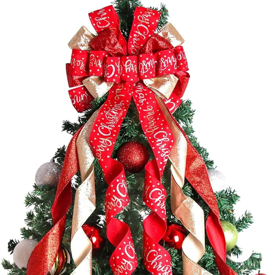 Christmas Tree Topper Christmas Wreath Bow 45"x13" Large Christmas Toppers Bow with Letter Patterned for Xmas Tree Christmas Rustic Farmhouse Home...