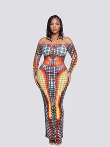 Sculpt Touch Off Shoulder Printed Bodycon Maxi Dress Women Long Sleeve Sexy Slim Fit Party Club Dress Curve Hugging Streetwear