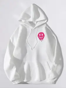Women's Cartoon Smile Face Print Drop Shoulder Hoodie, Fashion Casual Drawstring Pocket Hooded Sweatshirt for Daily Holiday Outdoor Wear, Women Clothing for Fall & Winter