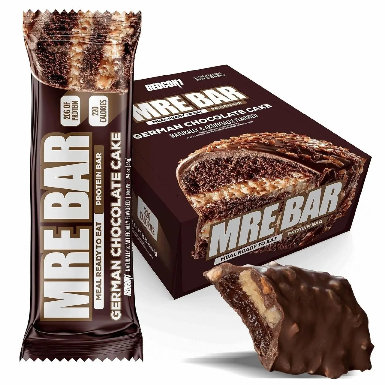 REDCON1 MRE Protein Bars German Chocolate Cake - 12 Count, 20g High Protein Snack - Nutrition Bar - On-The-Go Breakfast or Post-Workout Snack