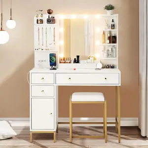 Vanity Desk with Mirror & Chair, Makeup Vanity Table with Charging Station, Drawers & Storage Shelves - Perfect Dressing Table Set for Bedroom