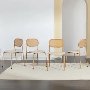 Dining Chairs Set of 4 with Rattan Back Upholstered Cane Seats Metal Legs Modern Design Comfortable Seating