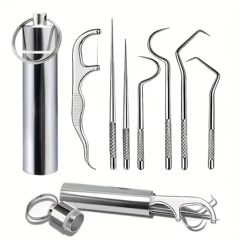 Portable Teeth Cleaning Kit, Stainless Steel Toothpick & Floss Set, Interdental Flosser, Reusable Teeth Cleaning Kit, Portable Pocket Size Teeth Cleaning Tool for Home & Travel