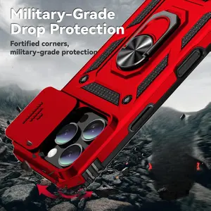 SunStory Phone Case for iPhone 16 Pro Max Case with HD Screen Protector & Slide Camera Cover & Rotated Ring Kickstand, [Military-Grade] Phone Case for iPhone 16 Pro Max 6.9", Red Magnetic Metal