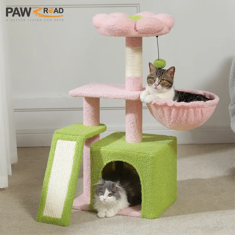 PAWZ Road Freestanding 31.5" Small Indoor Cat Tree - Pink Kitten Condo with Detachable Flower Bed, Scratching Ramp (Scratcher), Hammock, 15.7"l x 11.8"w x 31.5"h for Kittens