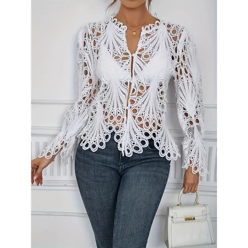 Women's Geometric Knitting Blouse - Sexy Hollow-Out Long-Sleeve Asymmetric Top, Breathable Polyester Fabric Womenswear, Do Not Dry Clean, Lady, Shirt