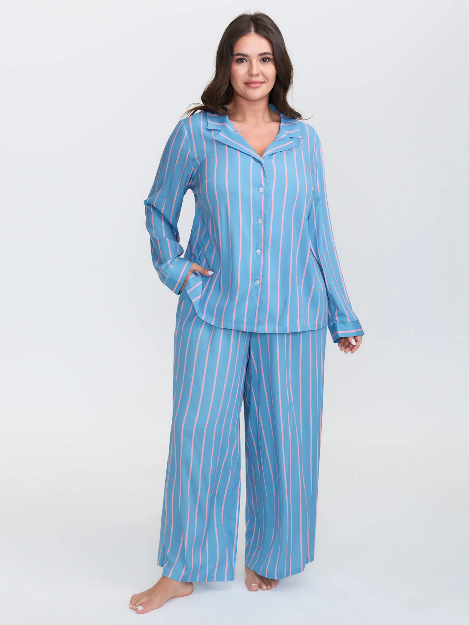 BloomChic Stripe Print Pockets Two-Piece Pajama Set 【M-6XL】 BloomChic Stripe Print Pockets Two-Piece Pajama Set 【M-6XL】