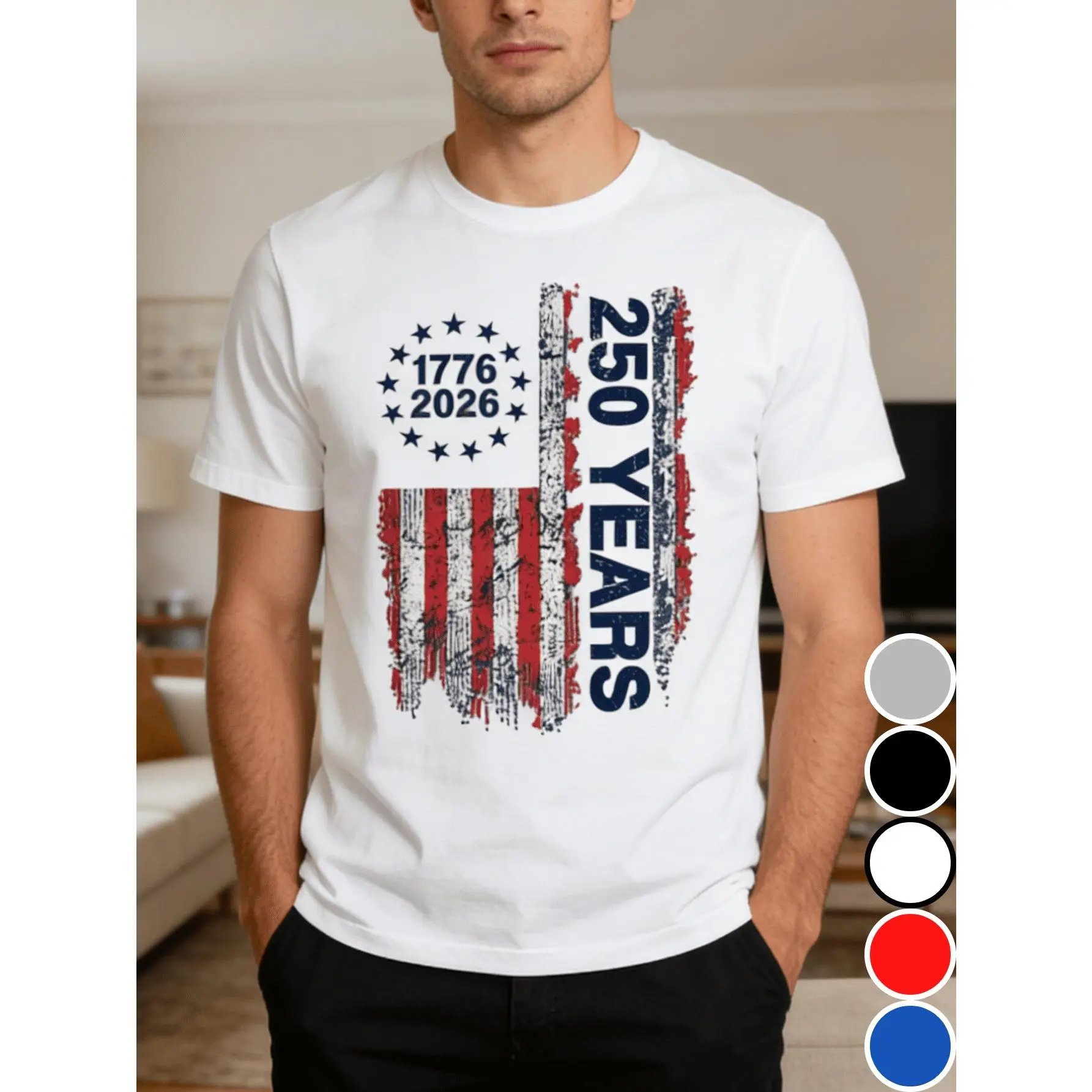 Men's Short-Sleeve Crew Neck Cotton Streetwear T-Shirt - US Flag Prints, America 250th Birthday Theme, Casual Breathable Menswear Summer Top, Halloween Gift for Men