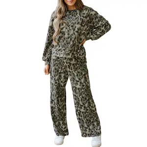 Mntaor Women's Leopard Print Pullover and Elastic Waist Pants, Cozy Two-Piece Outfit for Everyday Wear