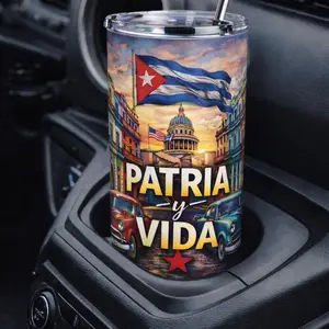 Patria y Vida Cuban Tumbler with Flag and Vintage Cars Design for Coffee and Tea Bottle Beverage Double Wall Insulated
