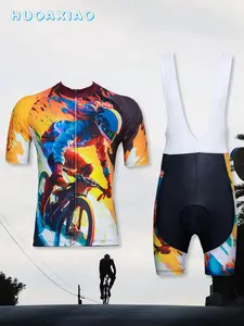 Men's graffiti cycling clothing slim fit shirt mountain bike suit set, sports round neck slim fit zipper short sleeved sports T-shirt, suitable for summer and spring cycling outdoor fitness exercise