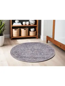 HomeRoots 5 ft. Round Distressed Floral Power-Loom Area Rug - Gray & Beige, Decorative Floral Rugs for Living Room Home Decor, Decorative Rug