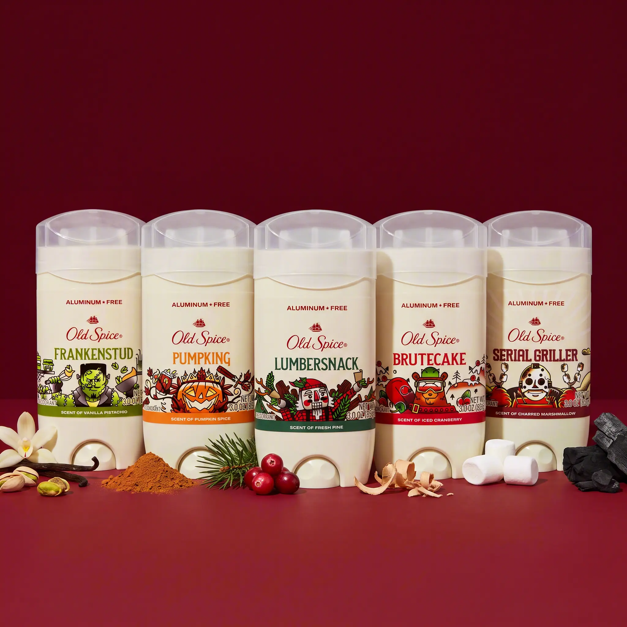 Old Spice Limited Seasonal Edition 5-Piece Deodorant Bundle for Men, Aluminum Free, 3oz Each: Lumbersnack Fresh Pine, Serial Griller Charred Marshmallow, Brutecake Iced Cranberry, Frankenstud Vanilla Pistachio, Pumpking Pumpkin Spice