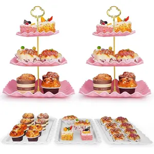 5-Piece Pink Dessert Display Stand Set with 2 Stands & 3 Trays, Festive Treat Table Decor for Shower & Tea Parties, Easy to Clean and Assemble