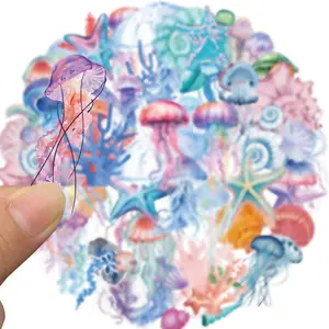 Jellyfish Pattern Sticker, 50pcs/set Waterproof Self Adhesive Decor Paper, Decor Sticker for Gift Greeting Card Water Bottle Laptop Phone