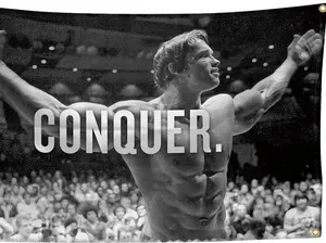 Arnold Schwarzenegger Conquer Motivational Inspirational Office Gym Wall Decor Flag Banner，3x5 Feet Flag Funny Poster Durable Man Cave Wall Flag with Brass Grommets This beautiful entertaining banner