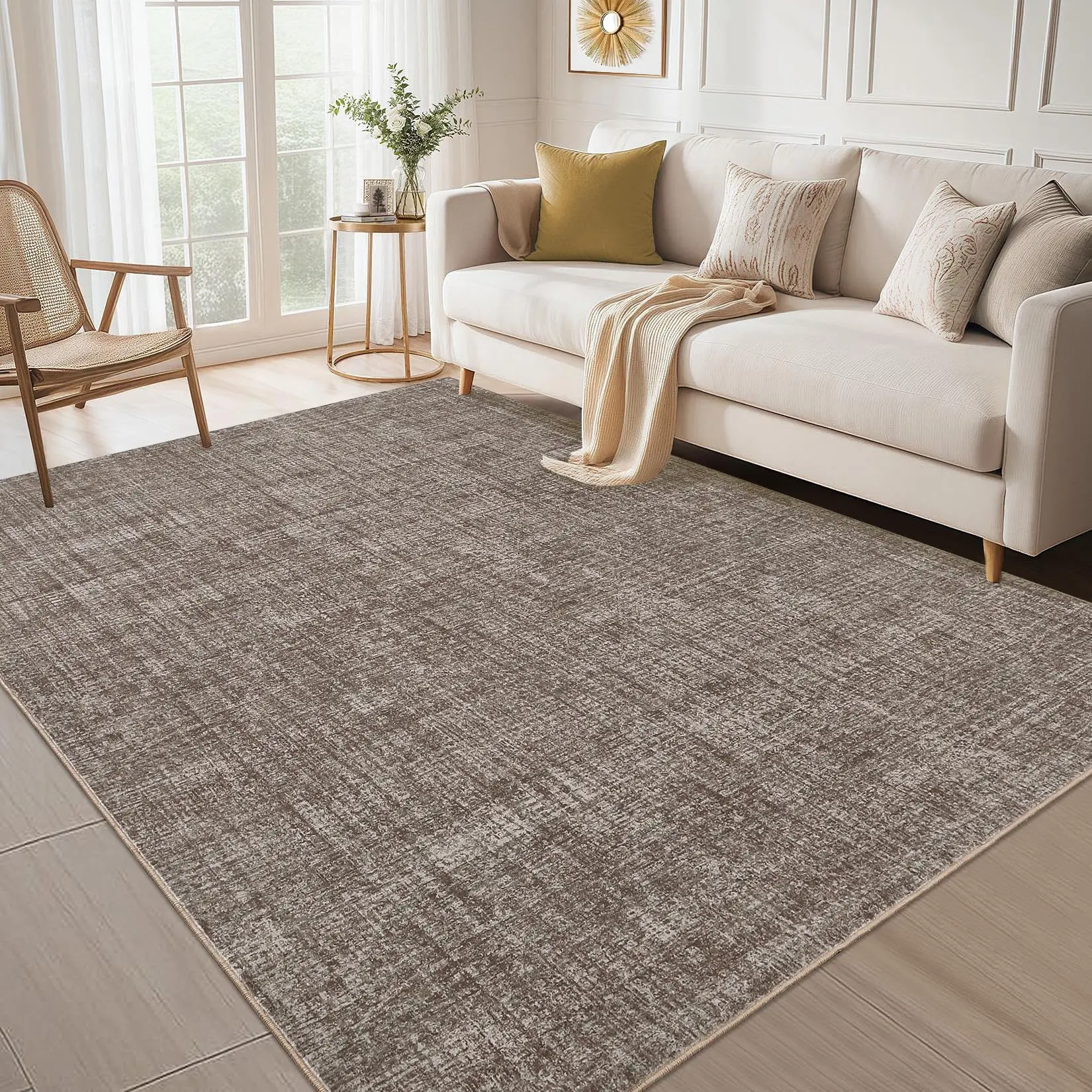 Large Modern Rug 9x12 Washable Rug Non Slip, Neutral Solid Color Carpet, Low Pile Non Shedding Floor Covering, Soft Thin Foldable Indoor Mat for Open Spaces Office, Brown