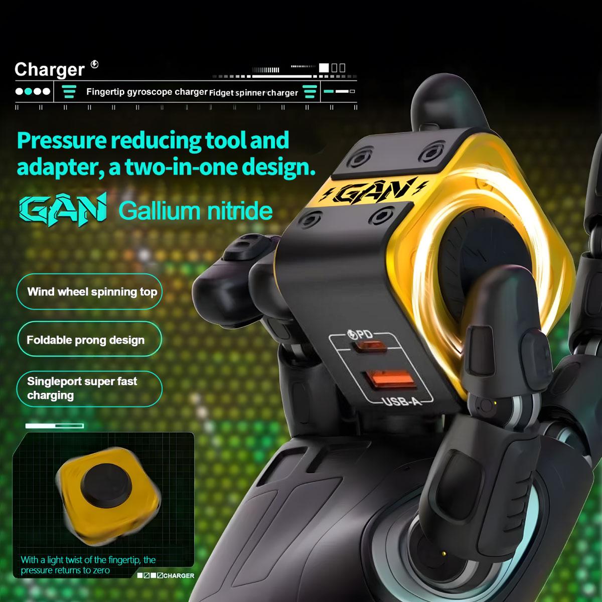 120W dual-port fast charging, USB-C fast charging, built-in data cable, compact fidget spinner design, low-temperature charging adapter and charging head, suitable for iPhone, Android phones, iPad, MacBook and laptops, suitable for home, office and travel