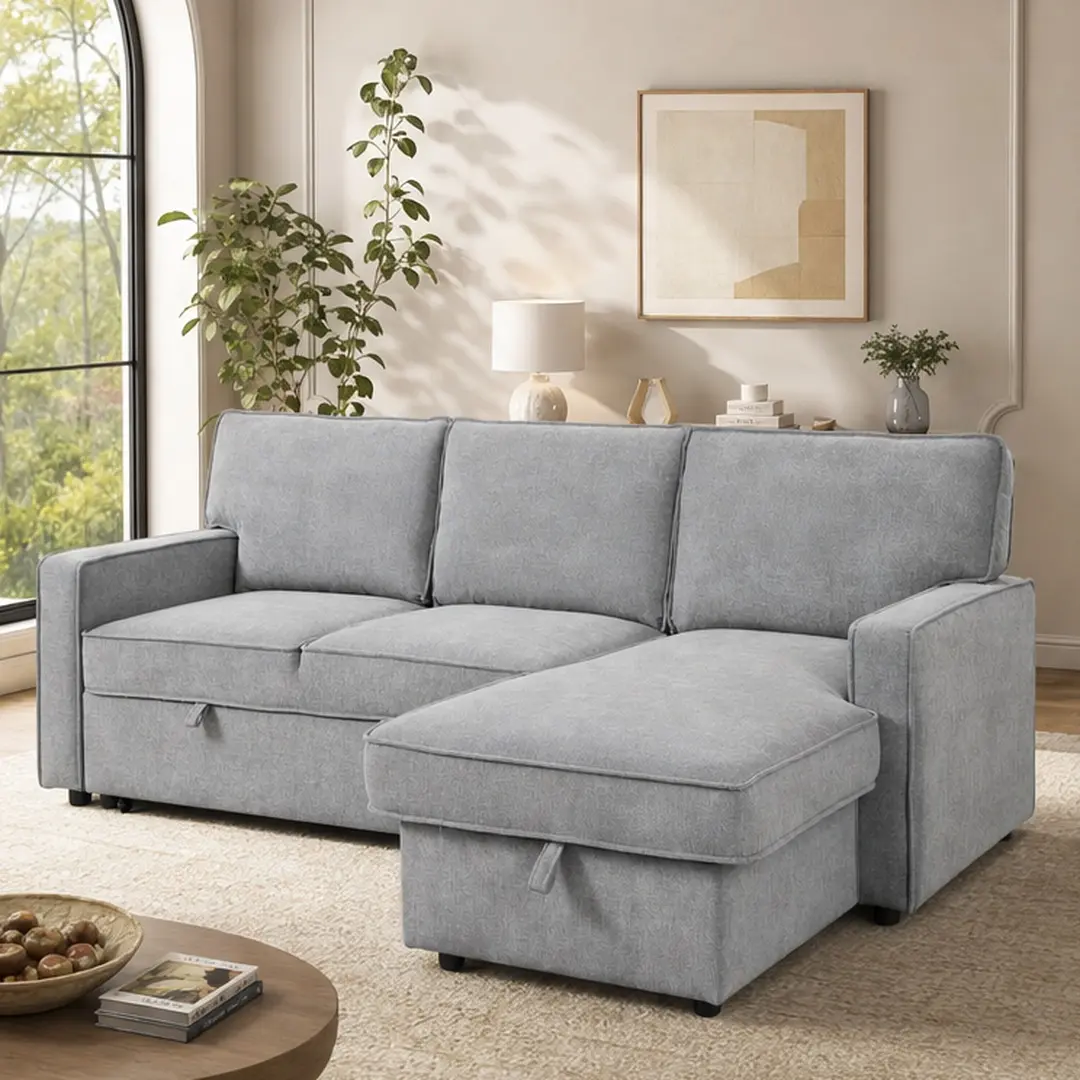 Upholstery Sleeper Sectional Sofa with Storage Ottoman, Pull-Out Bed, USB Port, Cup Holders, L-Shaped Couch for Living Room, 3-Seat, Gray Polyester, Wood Frame, 59W x 89D x 37.5H in