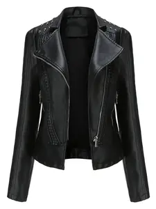 Women's Beaded Patchwork Leather Fitted Jacket Spring Autumn Chic Aesthetic Fashion Motorcycle Coat Cute Street Style Streetwear Artificial PU Outerwear Asymmetrical Front Design Casual Holiday Wear