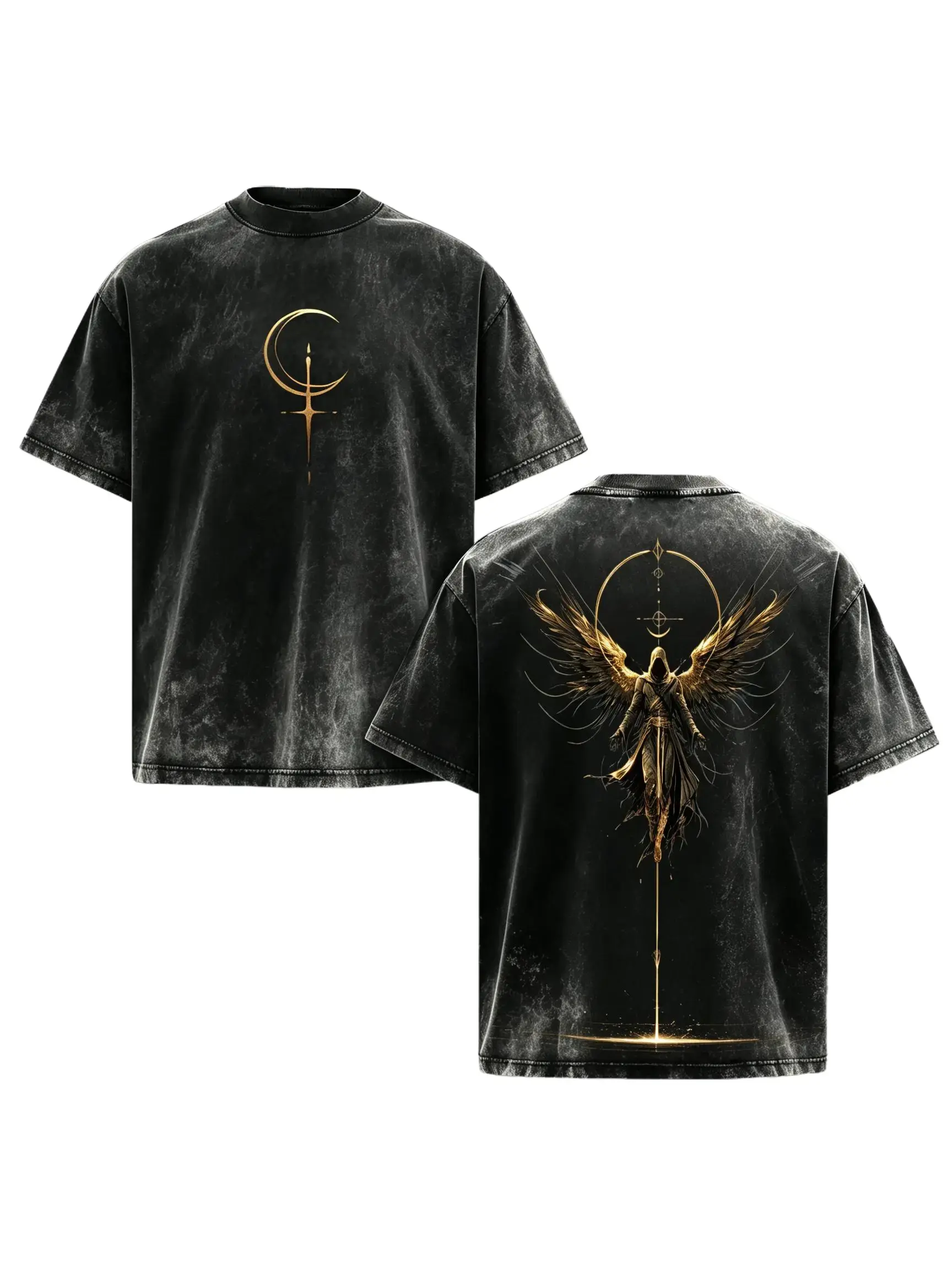 Vintage Washed Gothic T-shirt for Men, Heavyweight Cotton Short Sleeve Streetwear Top with a Casual Oversized Fit and Double-Sided Angel Graphic, Tshirt, Shortsleeve, Menswear