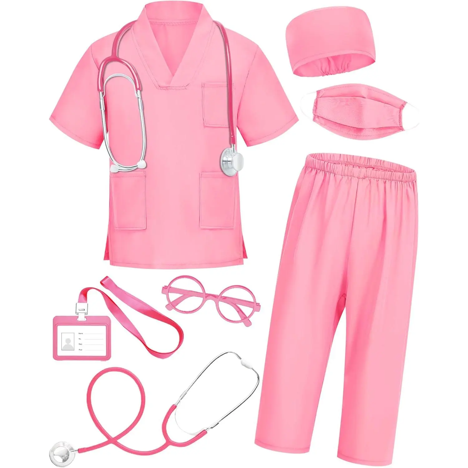 L-GCS008 Kids' Doctor Themed Costume Set - 7Pcs Scrubs with Accessories, Pretend Play/Role Play Dress-Up Wardrobe, Medical Theme Costumes & Accessories for 3-11 Years Boys & Girls, Pretend Play Costume